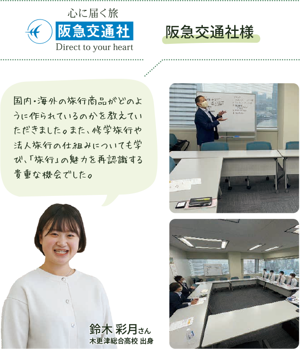 阪急交通社様 国内・海外の旅行商品がどのように作られているのかを教えていただきました。また、修学旅行や法人旅行の仕組みについても学び、「旅行」の魅力を再認識する貴重な機会でした。鈴木 彩月さん 木更津総合高校 出身