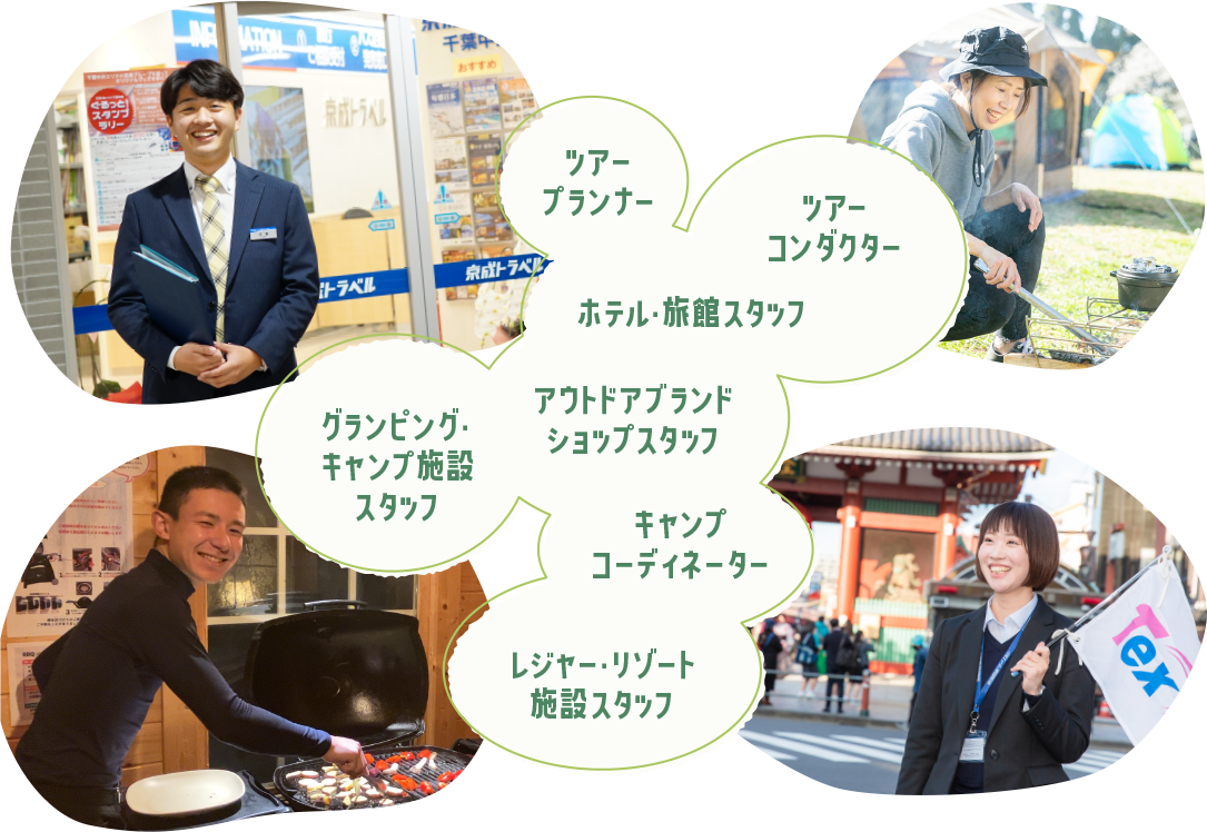ツアープランナー ツアーコンダクター ホテル・旅館スタッフ アウトドアブランドショップスタッフ キャンプコーディネーター レジャー・リゾート施設スタッフ グランピング・キャンプ施設スタッフ