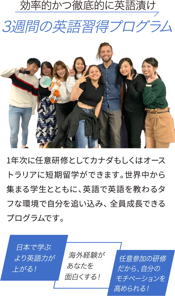 効率的かつ徹底的に英語漬け 3週間の英語習得プログラム 1年次に任意研修としてカナダもしくはオーストラリアに短期留学ができます。世界中から集まる学生とともに、英語で英語を教わるタフな環境で自分を追い込み、 全員成長できるプログラムです。日本で学ぶより英語力が上がる！海外経験があなたを面白くする！任意参加の研修だから、自分のモチベーションを高められる！