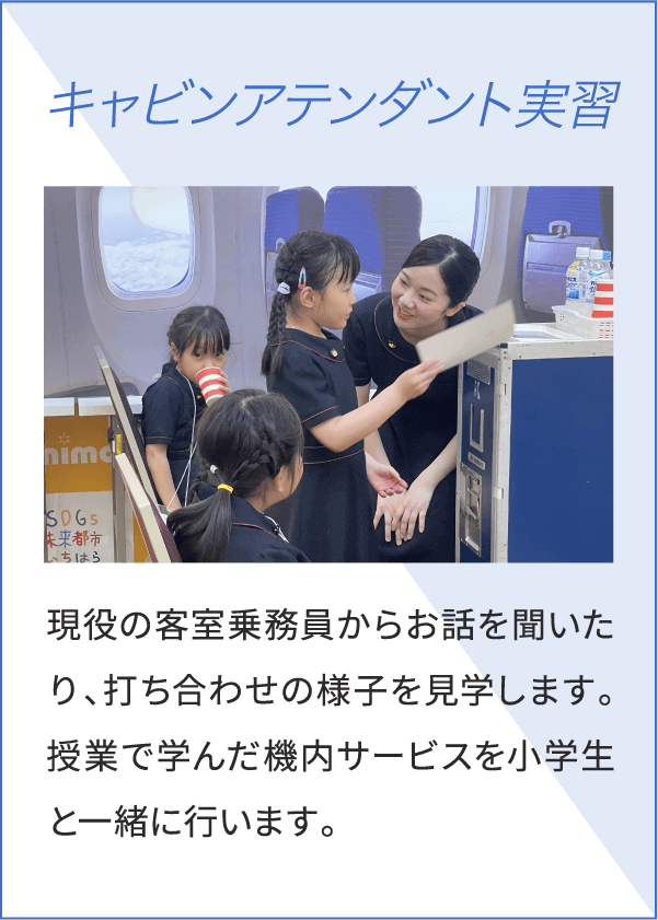 キャビンアテンダント実習 現役の客室乗務員からお話を聞いたり、打ち合わせの様子を見学します。授業で学んだ機内サービスを小学生と一緒に行います。