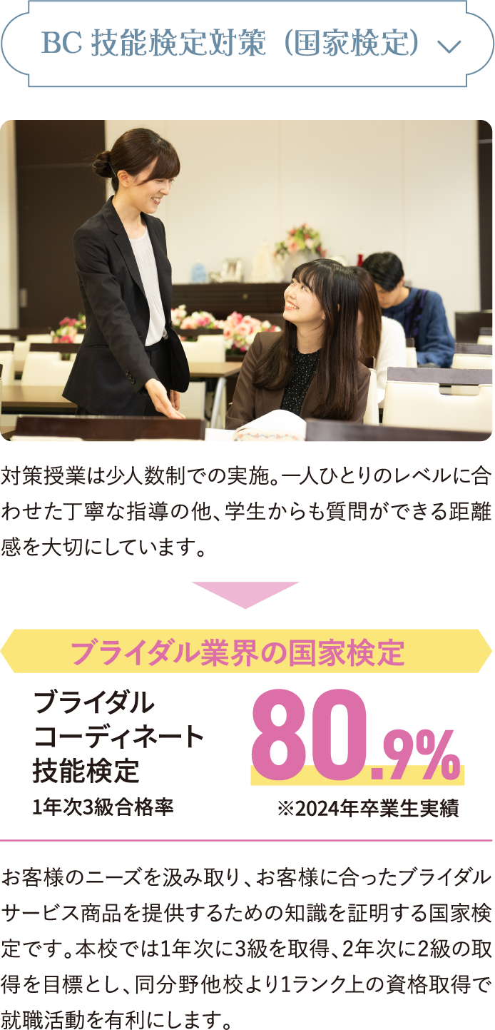 BC技能検定対策（国家検定）対策授業は少人数制での実施。一人ひとりのレベルに合わせた丁寧な指導の他、学生からも質問ができる距離感を大切にしています。