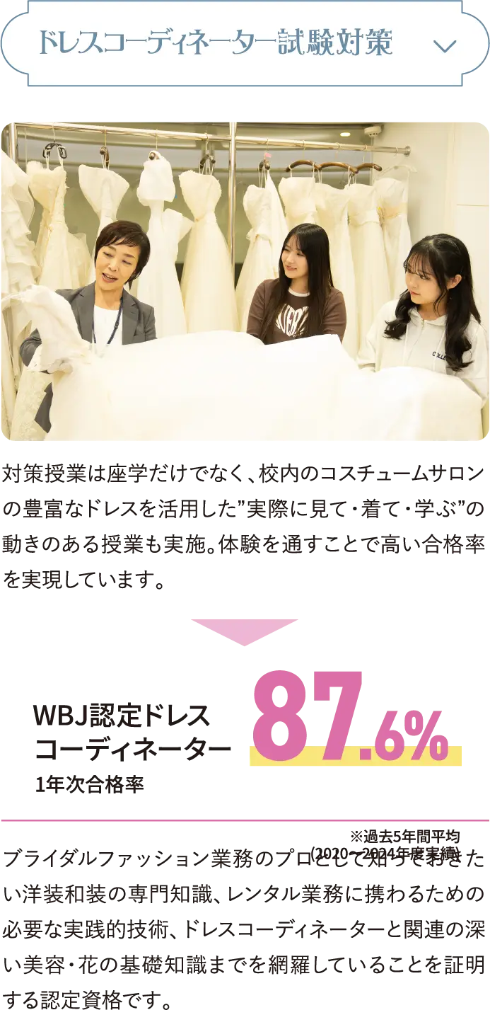 ドレスコーディネーター試験対策 対策授業は座学だけでなく、校内のコスチュームサロンの豊富なドレスを活用した”実際に見て・着て・学ぶ”の動きのある授業も実施。体験を通すことで高い合格率を実現しています。