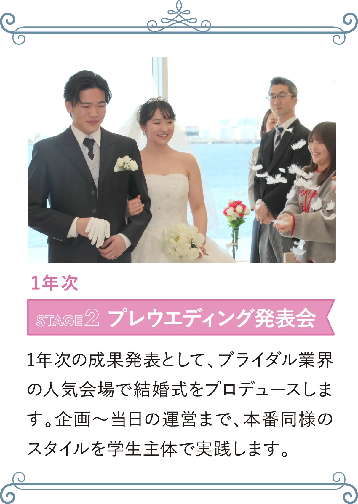 1年次 STAGE2 プレウエディング発表会 1年次の成果発表として、ブライダル業界の人気会場で結婚式をプロデュースします。企画～当日の運営まで、本番同様のスタイルを学生主体で実践します。