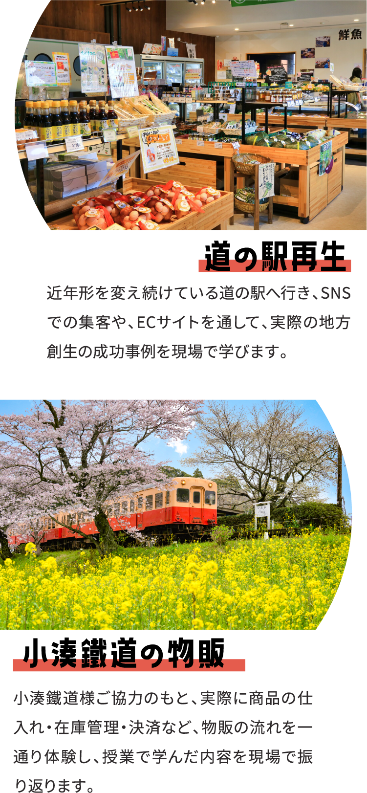 道の駅再生 近年形を変え続けている道の駅へ行き、SNSでの集客や、ECサイトを通して、実際の地方創生の成功事例を現場で学びます。 小湊鐵道の物販 小湊鐵道様ご協力のもと、実際に商品の仕入れ・在庫管理・決済など、物販の流れを一通り体験し、授業で学んだ内容を現場で振り返ります。